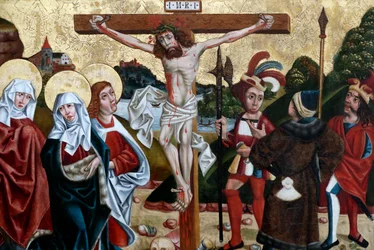 Unterlinden Museum, Christus in seiner Passion, Die Kreuzigung, Öl auf Holztafel, 15. Jahrhundert, Öl auf Holztafel, Martin Schongauer, Spätes 15. Jahrhundert, Colmar, Frankreich